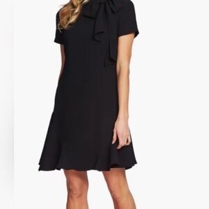 Eliza J Black Dress Tie Neck‎ Short Sleeve Flounce Hem Mini Size NWT $130
